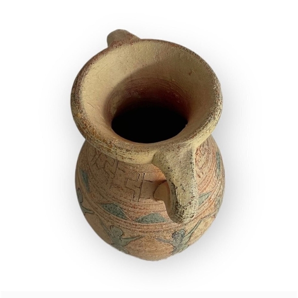 Vintage Double-Handled Rustic Terracotta Jug Vessel with People Etching Design - Picture 5 of 8